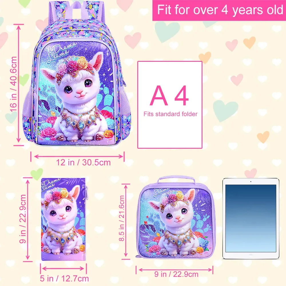 3 Piece Alpaca Backpack Set For Girls 16 Inch Elementary School