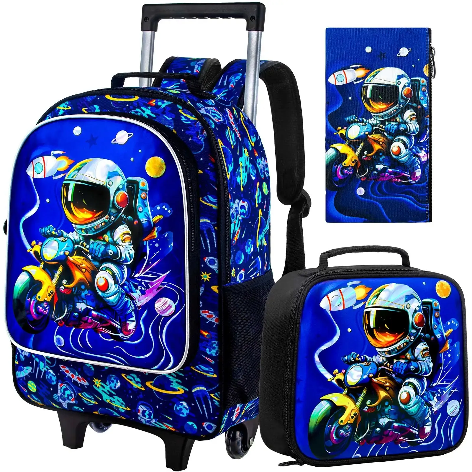 3 Piece Astronaut Rolling Backpack For Boys Water Resistant Uv Printed Fits Kids School Travel