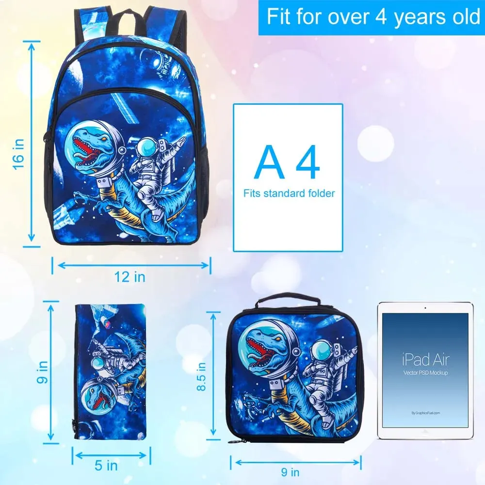 3 Piece Boys Backpack Set 16 Dinosaur Bookbag Lunch Box Elementary School Bag