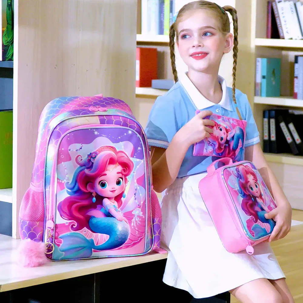 3 Piece Girls Backpack Set 16 Inch Princess Fish Design With Lunch Box