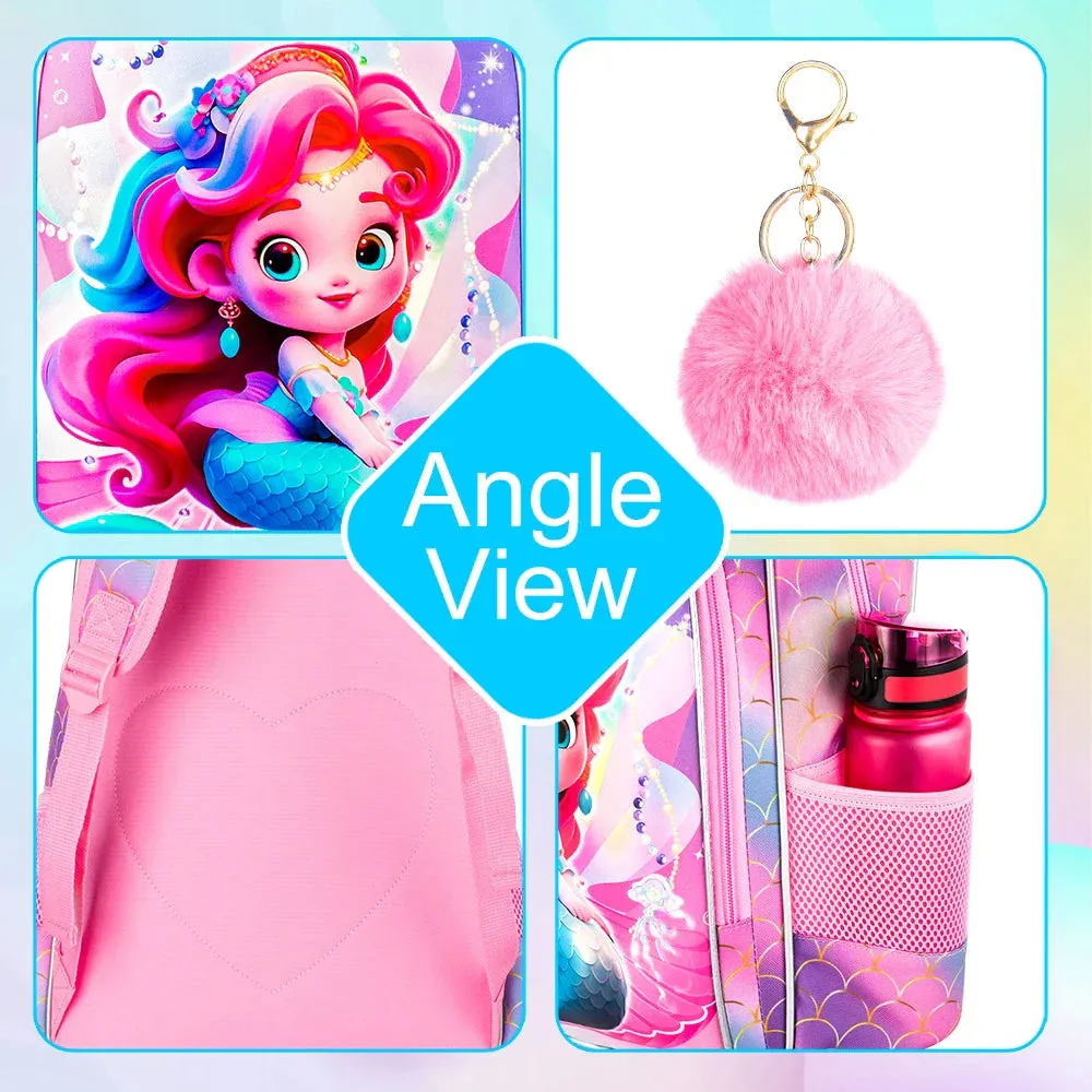 3 Piece Girls Backpack Set 16 Inch Princess Fish Design With Lunch Box