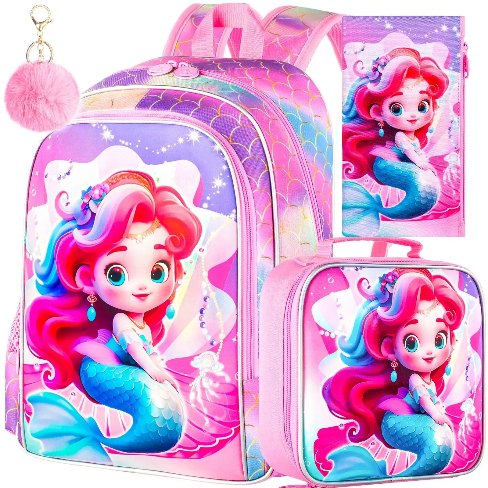 3 Piece Girls Backpack Set 16 Inch Princess Fish Design With Lunch Box