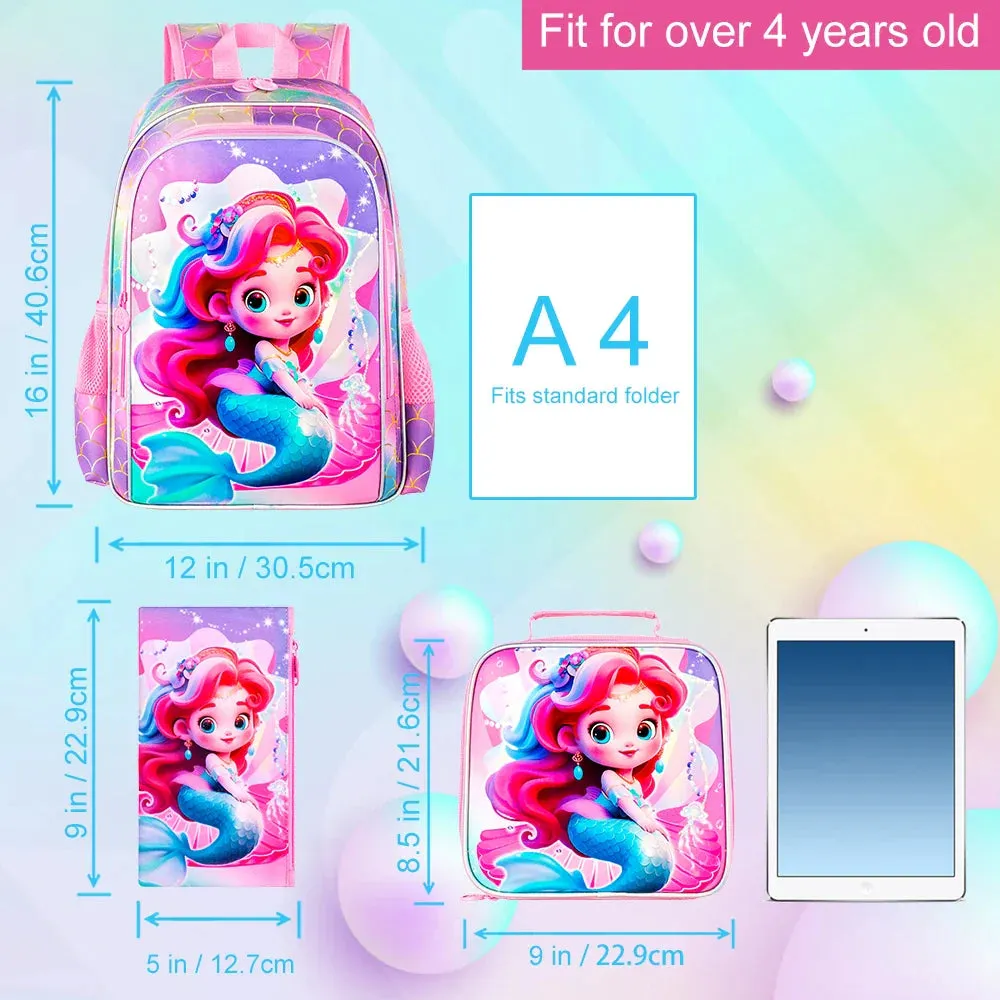 3 Piece Girls Backpack Set 16 Inch Princess Fish Design With Lunch Box