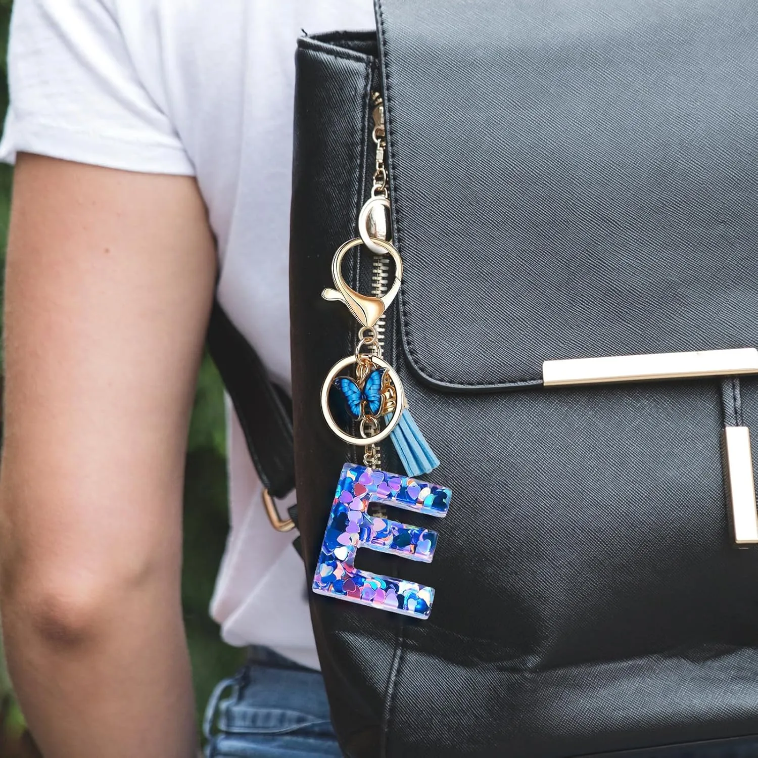 Fmeida Keychains for Women Cute Initial Letter Keychain Purse Charms for Handbags Backpacks Butterfly Blue