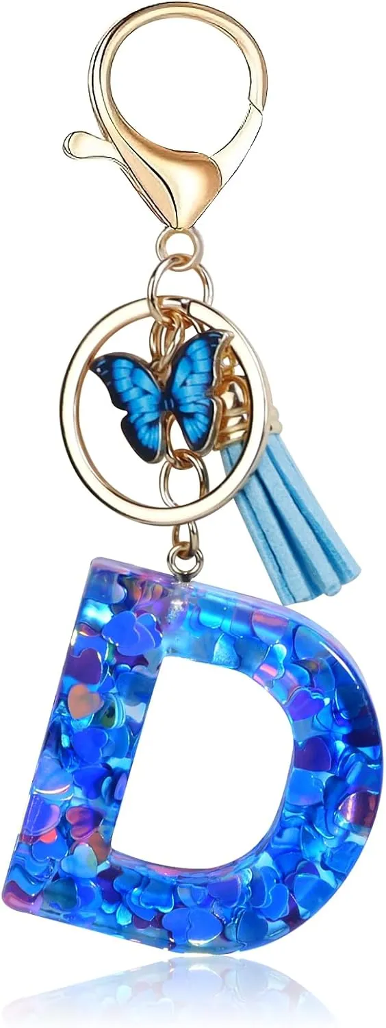 Fmeida Keychains for Women Cute Initial Letter Keychain Purse Charms for Handbags Backpacks Butterfly Blue