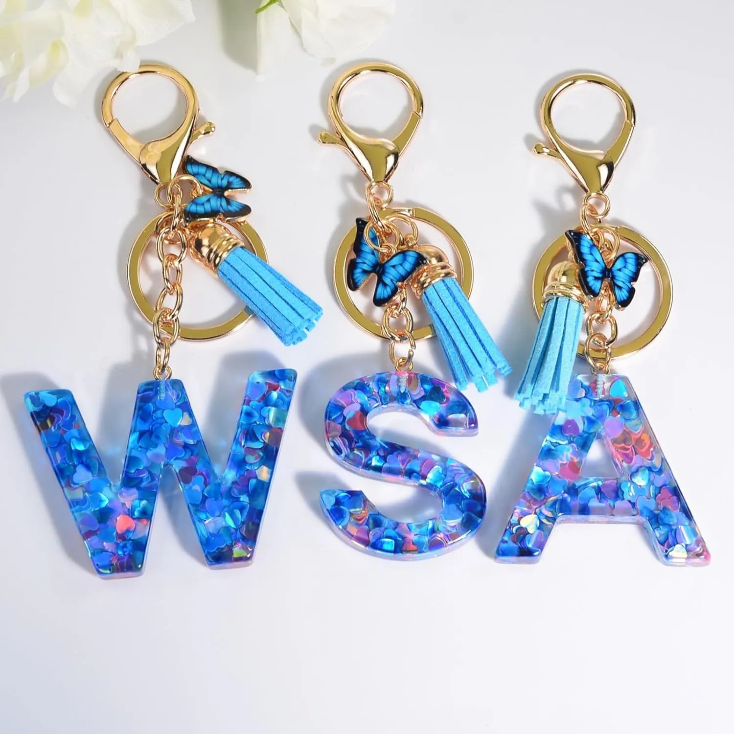 Fmeida Keychains for Women Cute Initial Letter Keychain Purse Charms for Handbags Backpacks Butterfly Blue