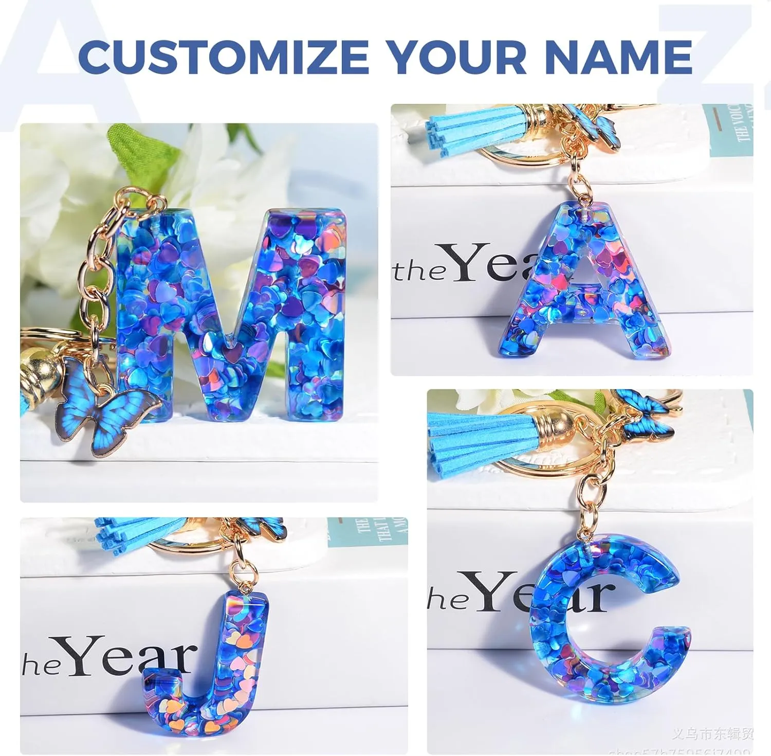 Fmeida Keychains for Women Cute Initial Letter Keychain Purse Charms for Handbags Backpacks Butterfly Blue