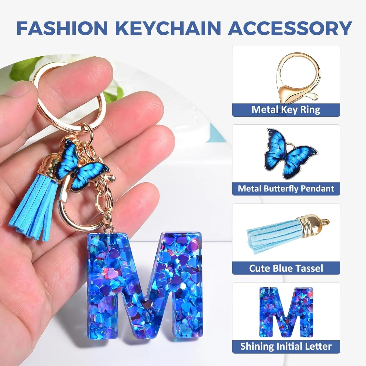 Fmeida Keychains for Women Cute Initial Letter Keychain Purse Charms for Handbags Backpacks Butterfly Blue