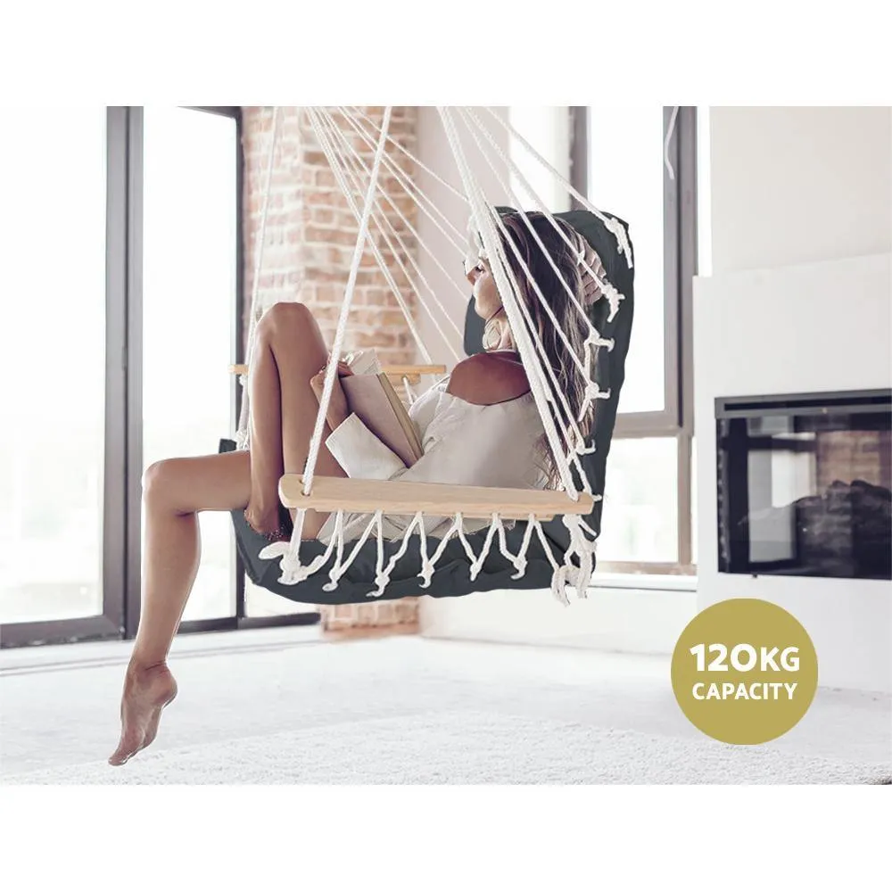 Hammock Hanging Swing Chair With Wooden Armrests And  Cushions - Portable - Grey
