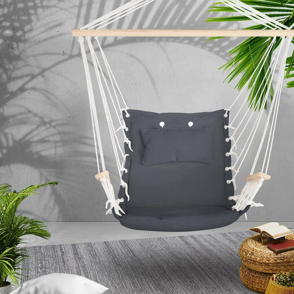 Hammock Hanging Swing Chair With Wooden Armrests And  Cushions - Portable - Grey
