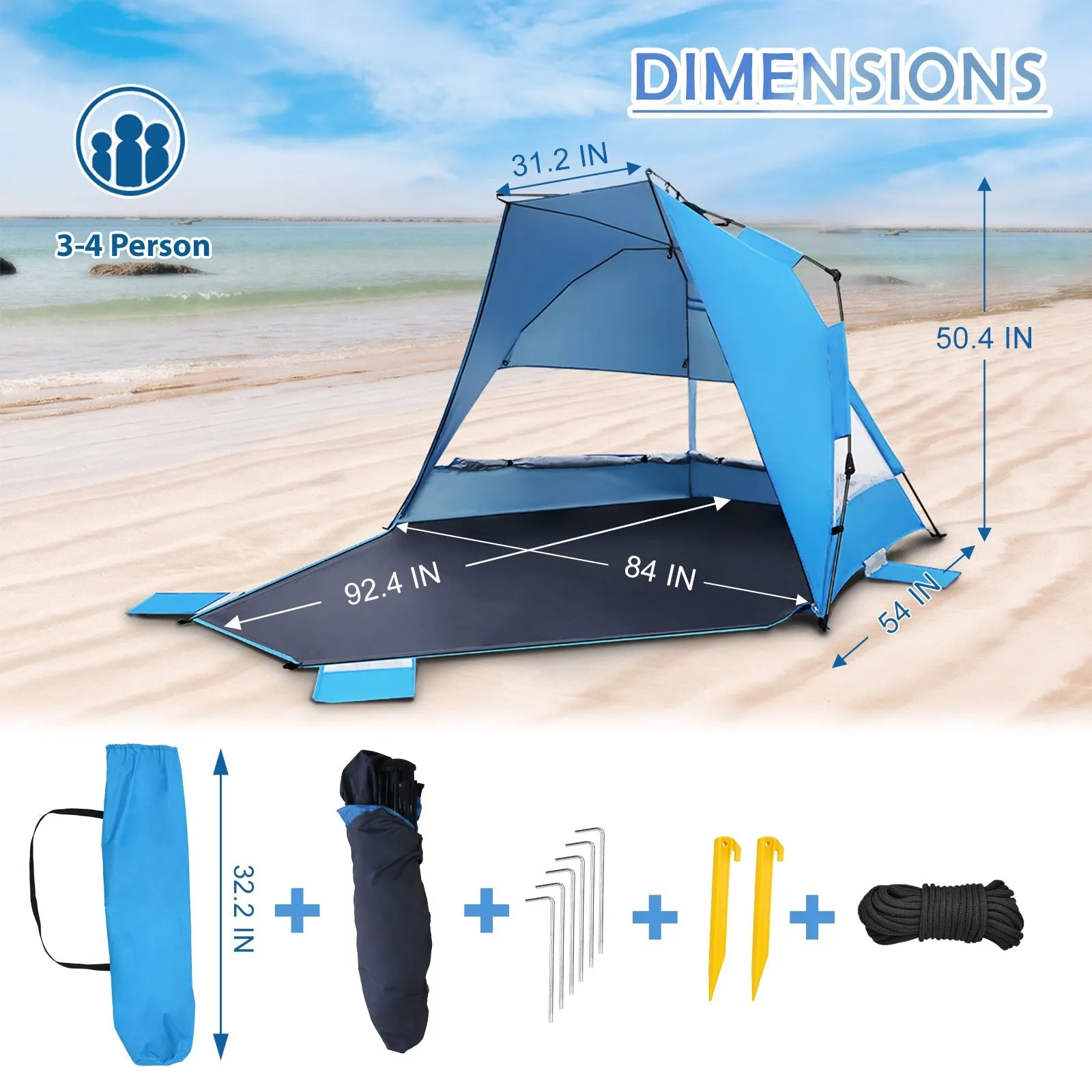 Instant Beach Tent, Sunshade with Windows