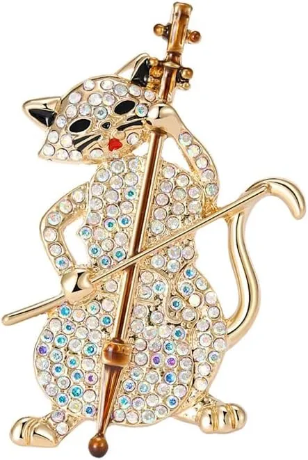 Play The Cello Cat Cartoon Animal Brooch Lapel Pins Badge Unique Brooches for Women Girls Suit Dresses Clothing Backpacks Bags Hats Accessory Fashion Jewelry
